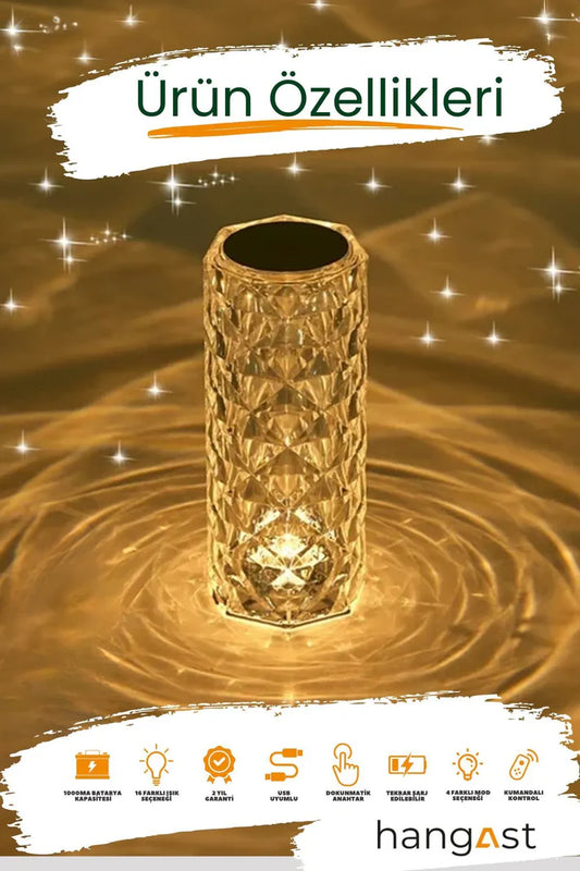 Kristal 5v Şarjlı Masa Lambası Led Dokunmatik 16 Renkli Lamba